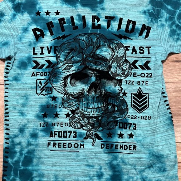 Men's Affliction Freedom Defender Shirt MEDIUM Teal Tie Dye Skull Snake Rocker - Picture 2 of 6